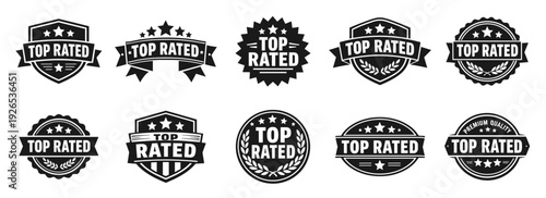 Top rated badges icon collection in black. Shows high rating symbols, stars, and award elements. Suitable for reviews, rankings, and promotion
