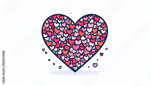 A large, heart-shaped illustration filled with many smaller hearts in various shades of pink and red against a white background