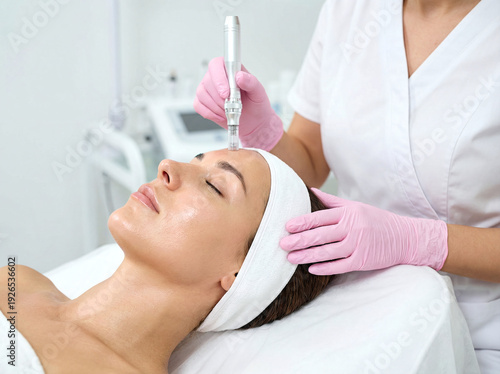 Beautiful woman receiving microneedling treatment with pen on forehead at modern beauty salon or dermatology clinic.