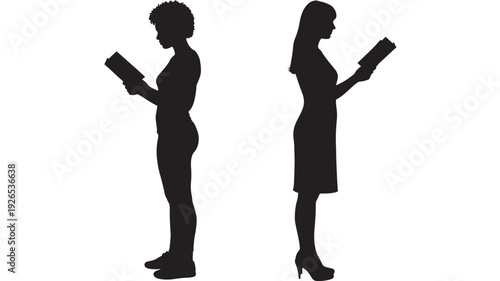 People silhouettes using digital devices standing profile view with modern gadgets featuring technology, users, profiles with views and isolated elements for white background, men projects, clean