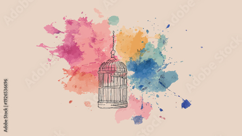 A sketch of an empty birdcage against a vibrant watercolor splash background