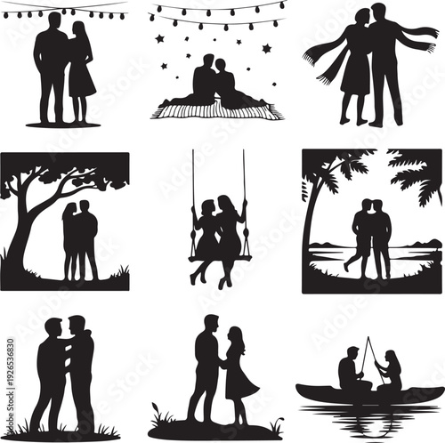 Silhouette of couples in love on a romantic getaway together outdoor