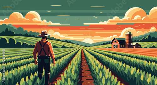 A farmer inspects his crops in green fields at sunset near outbuildings