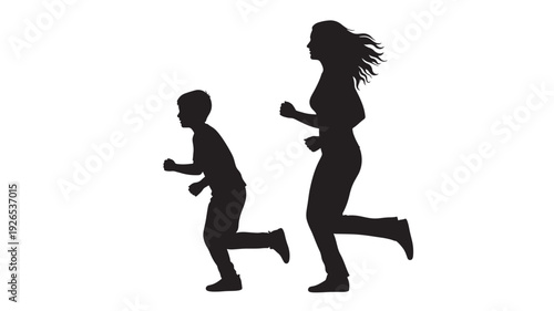 People running together silhouette with dynamic poses and flowing hair featuring mother, child, fitness with exercise and jogging elements for family, black projects, clean composition on simple