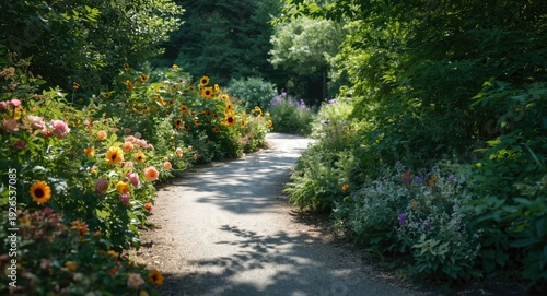 Sunshine bright pathway surrounded by colorful blooms and dense greenery with far off trees