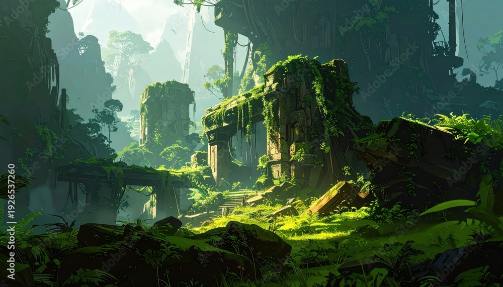 Obraz premium Lush Jungle Landscape with Ancient Ruins and Vibrant Greenery.