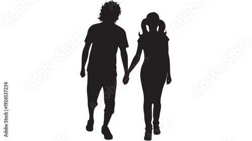 Couple walking hand in hand silhouette of man and woman from back, romantic relationship concept, isolated black figures on white background, minimal vector style