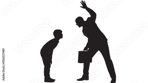 Businessman silhouette with briefcase scolding child silhouette with hand raised... featuring office, workplace, authority with discipline and parenting elements for anger, frustration projects,