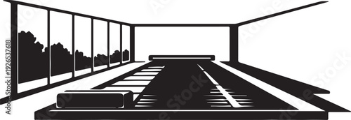 Bowling Alley Silhouette: A stark black and white depiction of a bowling alley, showcasing the lanes, with windows offer a glimpse of the outside.