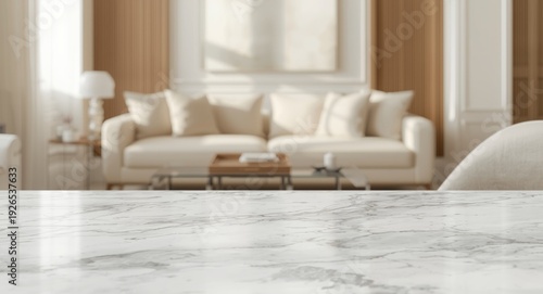 Empty white marble table with copy space and softly blurred living room background