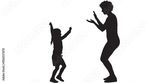 Silhouettes parent and child playing together with raised arms, happy family interaction, isolated black cutout figures on white background for lifestyle concept