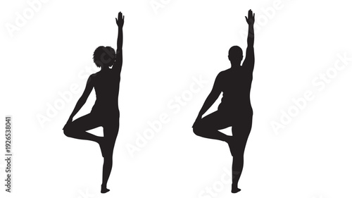 People yoga tree pose silhouettes with raised arms, balanced standing asana figures isolated on white background, minimalist black cutout style for wellness design