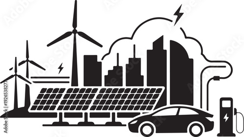 Black and white of renewable energy sources and electric vehicle