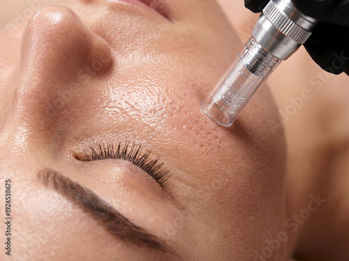 Close-up of cosmetic microneedling pen treatment on woman's face for skin rejuvenation and anti-aging 