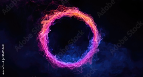 Magical portal composed of neon smoke in a perfect circle on a dark background