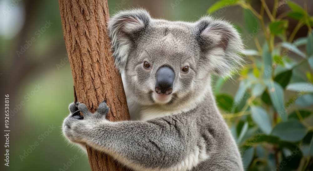 Obraz premium A cute koala close up portrait with a peaceful expression, hugging a tree trunk in a natural Australian wildlife setting with green foliage and a blurred bokeh background.