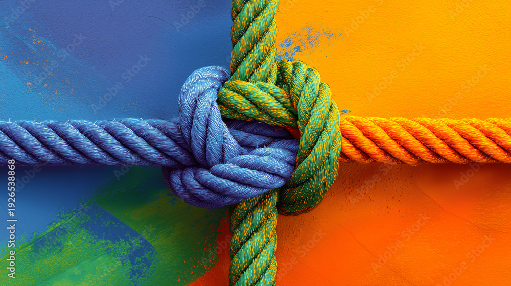 Fototapeta premium Colorful ropes tied in a tight knot symbolizing unity and teamwork.