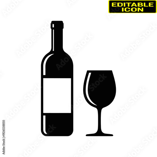 A bottle of red wine and a glass on a reflective surface. Vector, illustration