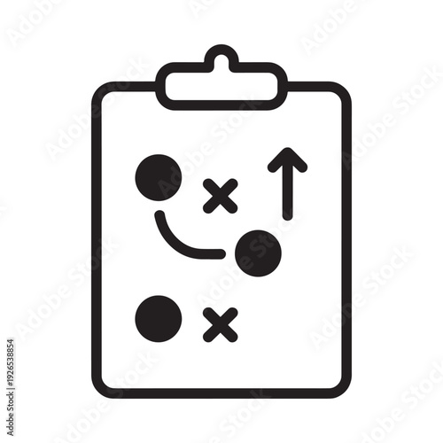 A black and white illustration of a clipboard displaying a sports strategy