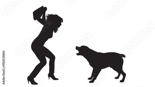Silhouettes woman attacked by aggressive dog, frightened victim raising handbag to defend herself, domestic animal threat and danger concept isolated on white