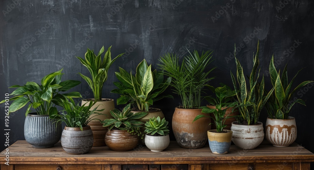 Fototapeta premium Natural houseplants displayed in flowerpots on a wooden table with blackboard setting perfect for event decoration