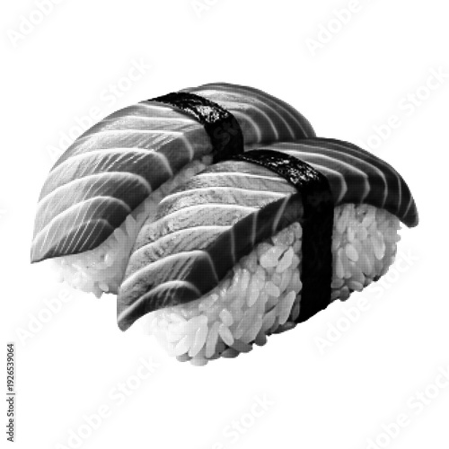 Black and white halftone illustration of nigiri sushi with salmon and rice isolated on white background. Retro engraving style Japanese cuisine graphic.