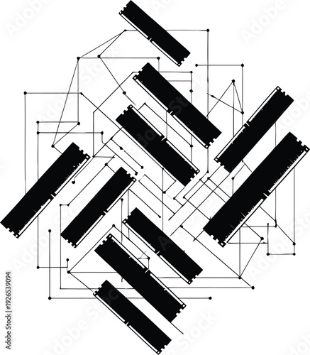 Geometric array of multiple RAM stick silhouettes interconnected by lines, symbolizing a networked system or distributed memory, a clean white background