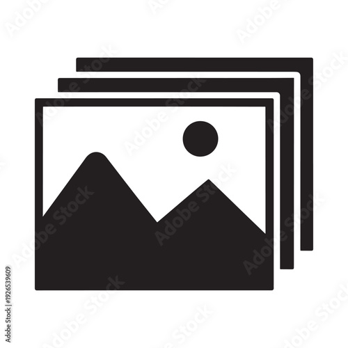 Stack of black frames displaying a mountain landscape with a sun icon