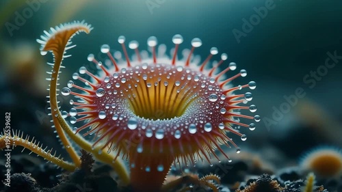 A vibrant Sundew plant displays glistening dew drops on its carnivorous tentacles in a detailed macro, natural setting, showcasing its intricate beauty.