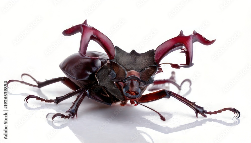 Fototapeta premium Majestic Stag Beetle Displayed on White Background with Striking Red Mandibles.