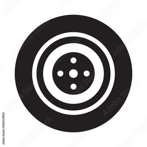 Simple black and white illustration of a tire with a central hub design