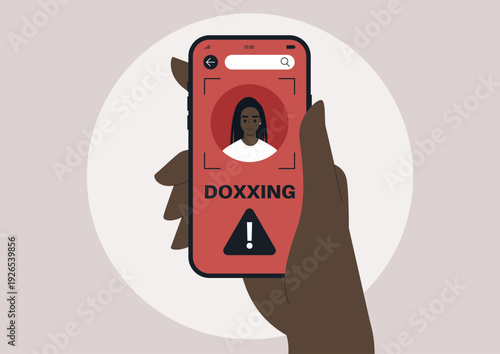 A hand holds a mobile phone displaying a striking doxxing profile, Bright red alert symbols emphasize the dangers of privacy invasion in the digital world, Awareness grows about personal safety.
