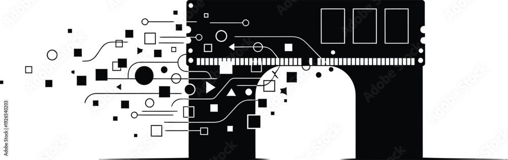 Naklejka premium Stylized RAM stick silhouette acting as a gateway with abstract data elements passing through it, a clean white background
