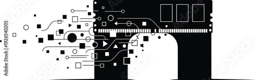 Stylized RAM stick silhouette acting as a gateway with abstract data elements passing through it, a clean white background