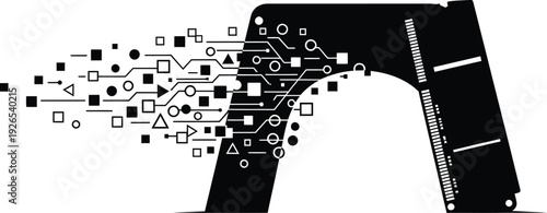 Stylized RAM stick silhouette acting as a gateway with abstract data elements passing through it, a clean white background