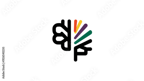 A stylized design depicting a brain, one half in black lines, the other with colored streaks