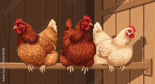 Three hens on a perch in a barn, perfect for agricultural illustrations and animal care guides. 