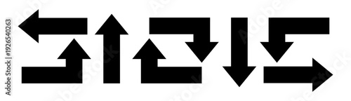 Set of black triangular arrow pointers isolated on white. Direction turn symbols