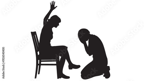 People arguing silhouettes with emotional gestures and conflict featuring dispute, couple, disagreement with relationship and man elements for woman, chair projects, clean composition on simple