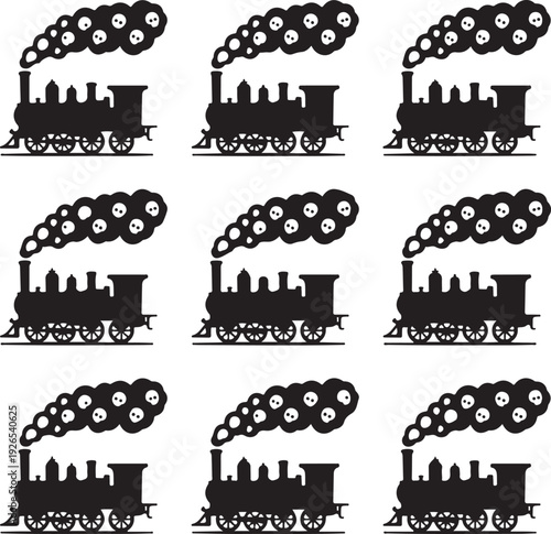 vintage steam train silhouettes with smoke