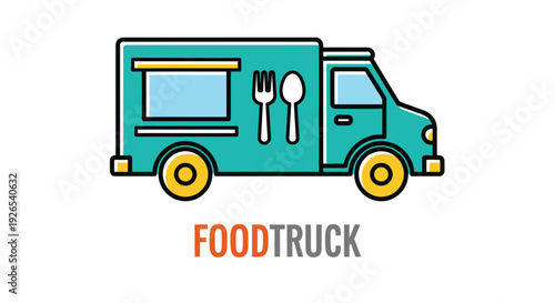 A teal food truck illustration with cutlery and the word foodtruck
