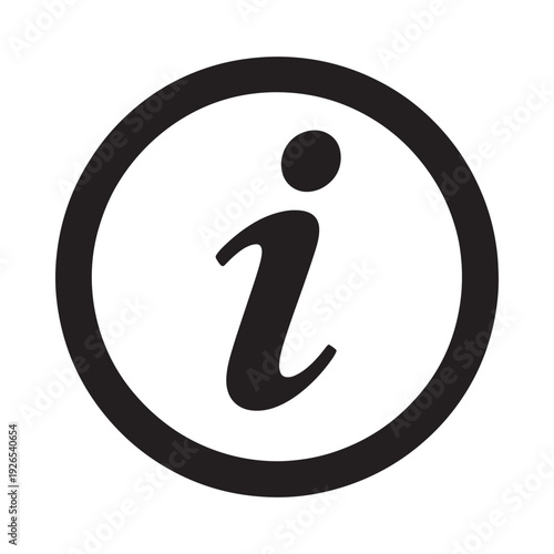 Simple black and white icon depicting an information symbol with a dot