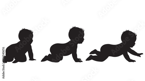 Baby crawling silhouette set with three infant poses in black, child development milestone concept isolated on white background for nursery, parenting and healthcare design