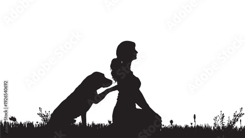 Woman silhouette sitting in grass with dog reaching up, peaceful companionship scene, minimal black cutout style on white background with copy space featuring human animal bond, affection, friendship