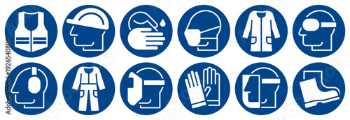Mandatory sign set, Protective workwear icons, Safety work equipment and protective clothing, Construction safety labels