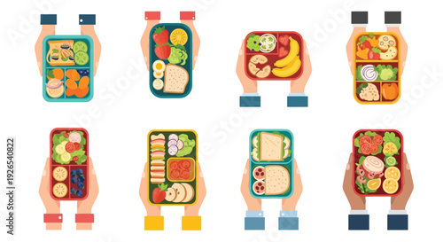 Colorful bento boxes held by hands showcasing diverse and healthy meals