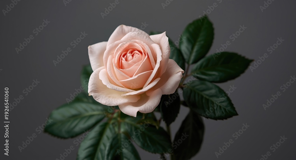Fototapeta premium Light pink rose in bloom embraced by dark verdant leaves