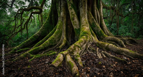 Underside angle of banyan tree roots with earth and moss