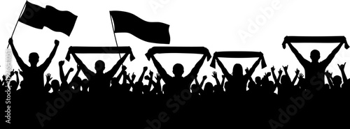 Energetic crowd silhouettes with flags and scarves cheering at an event