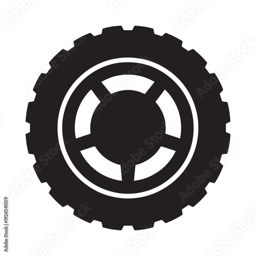 A minimalist black and white illustration of a vehicle tire with detailed treads